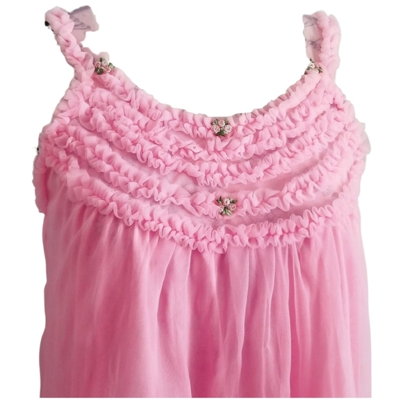60s Pink Chiffon Baby Doll Night Gown - Picture 3 of 7